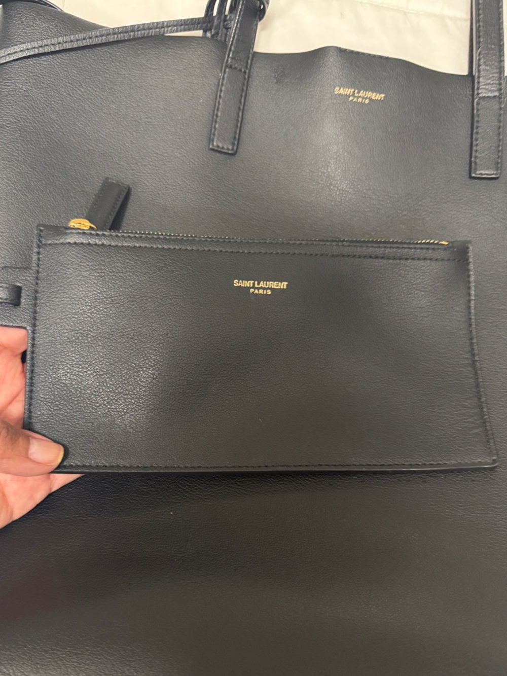 Saint Laurent Black Leather Tote with Gold YSL Charm and Matching Pouch - Picture 4 of 7